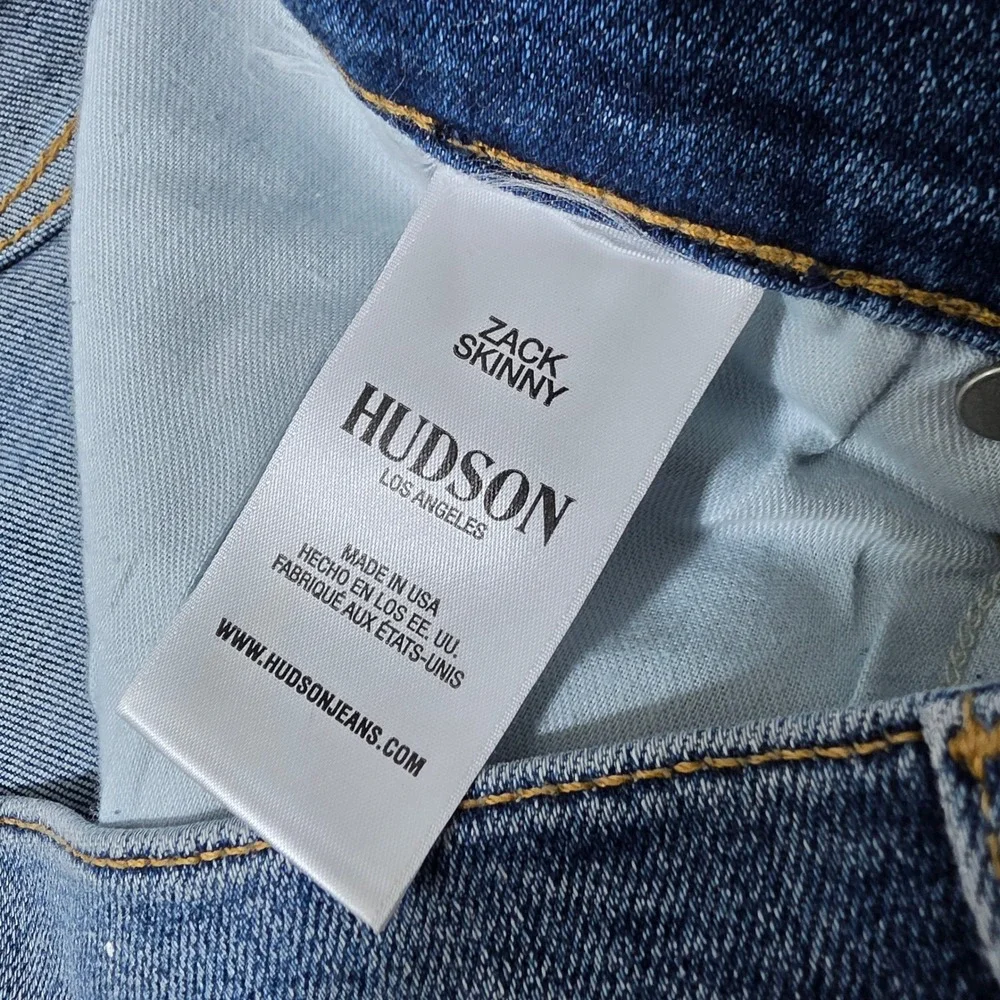 Hudson Zack Skinny Mens 33 Jeans Blue Paint Splatter Distressed Articulated Knee
